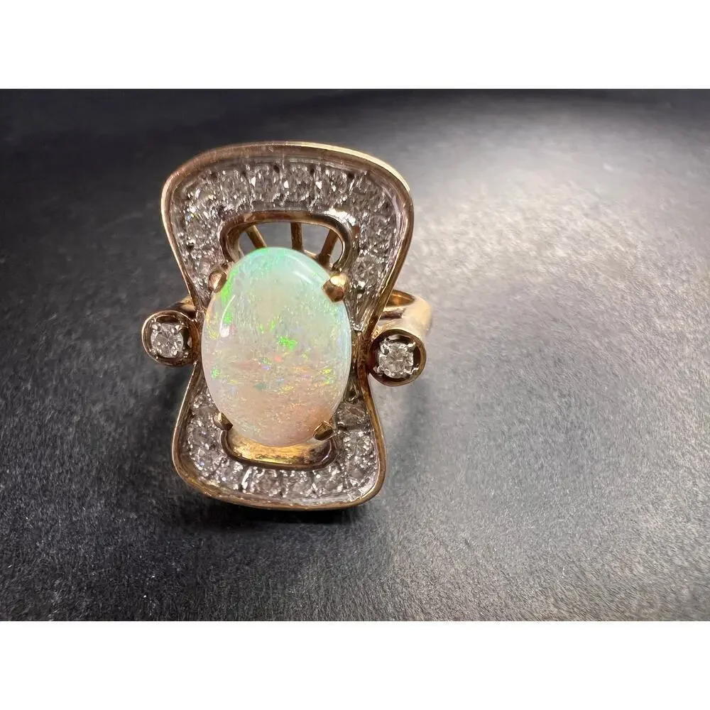 Vintage 14K Opal & Diamond Ring | Size 6.5 | Papered | 1.80ct | 60s–70s